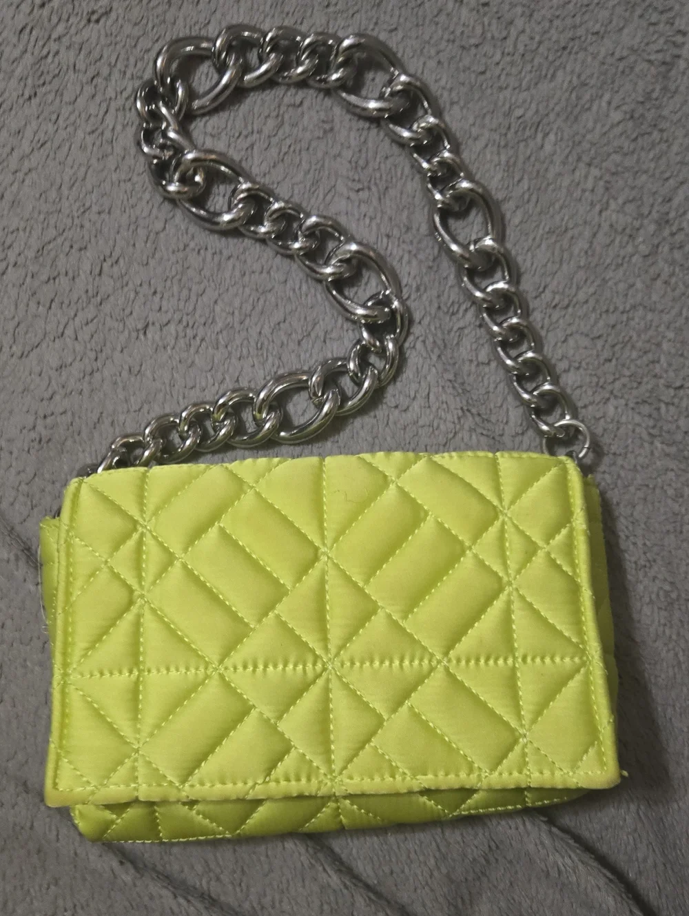 Zara Quilted Satin Neon Chunky Silver Metal Chain Shoulder Bag